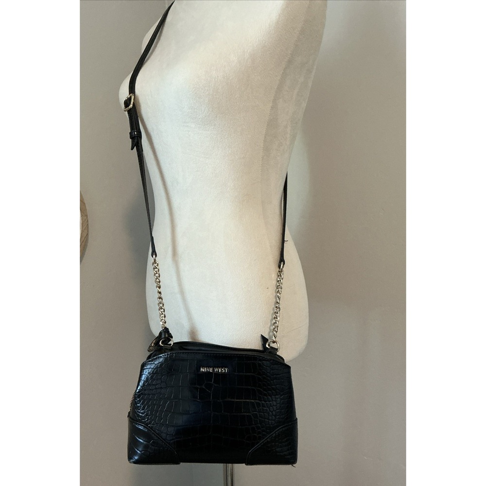 NINE WEST Cyra A-List Crossbody Croc Embossed Triple Compartment Black